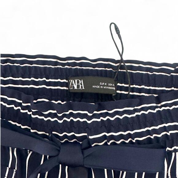 Zara Women's Striped Drawstring Pants Size S Navy White Elastic Waist Trouser - Picture 6 of 10